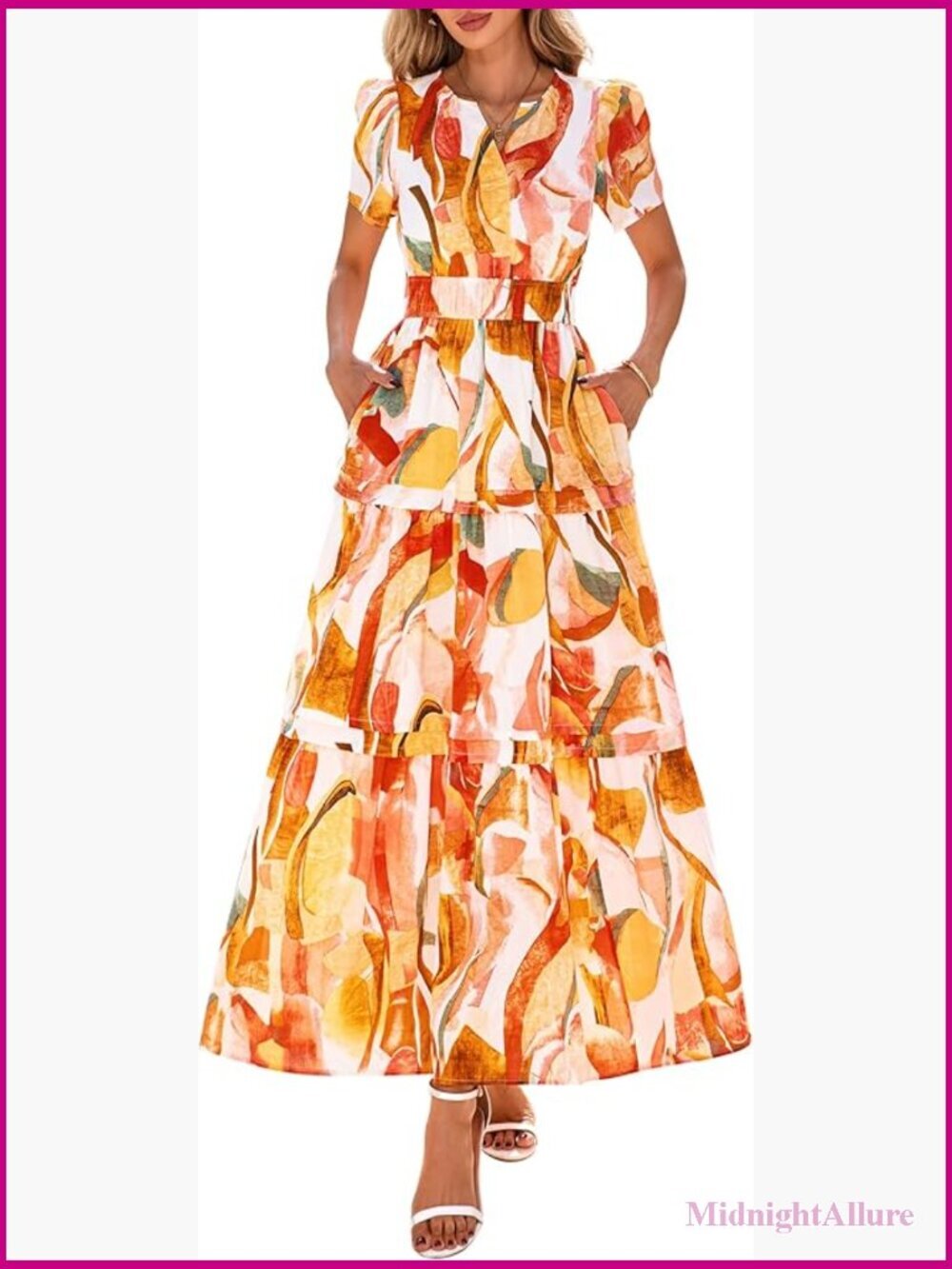 Boho Maxi Dress V-Neck Short Sleeve A-Line Tiered Flowy Long Beach Vacation